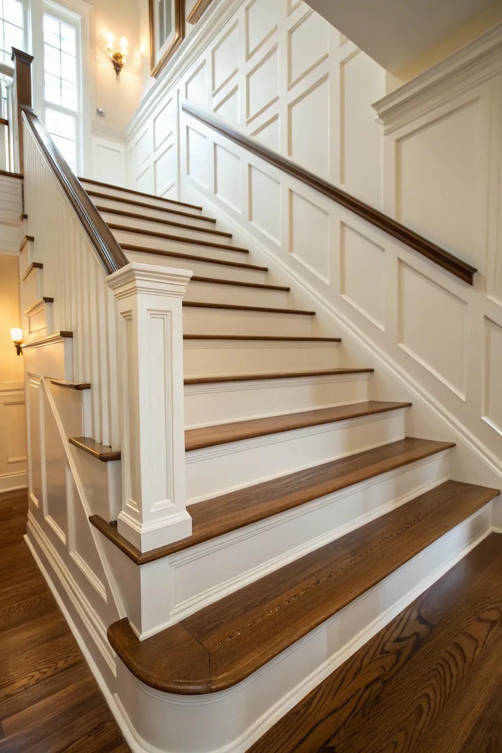 Trimmed base boards improve the building lines of your staircase.