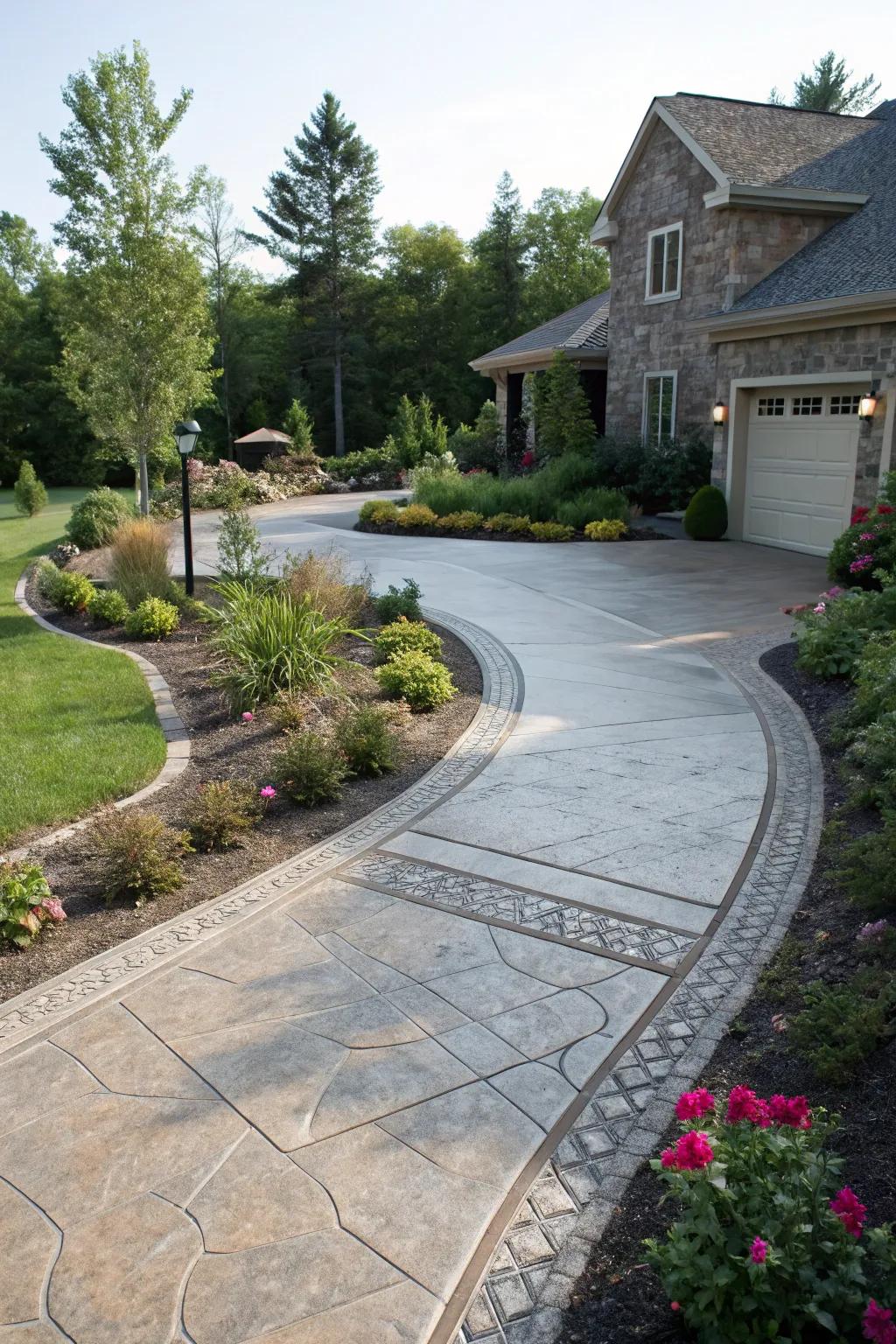 Coordinated driveway featuring a consistent stamped concrete perimeter