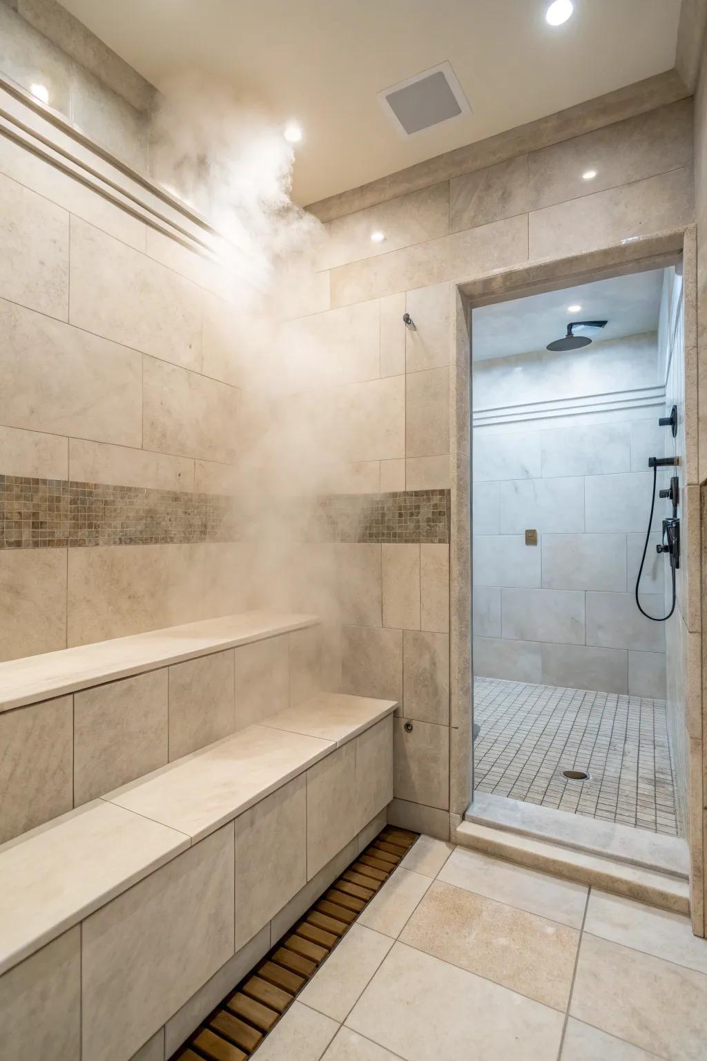 Neutral hues establish a soothing and timeless steam space setting.