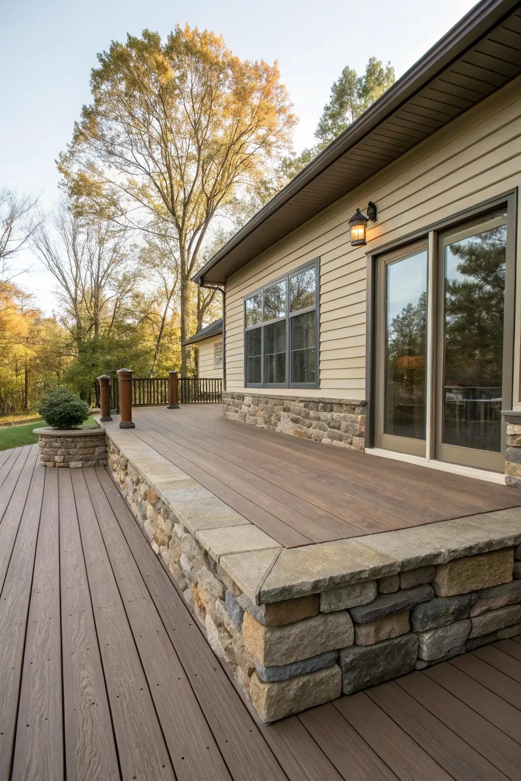 Rock skirting flawlessly complementing the color scheme of the dwelling.
