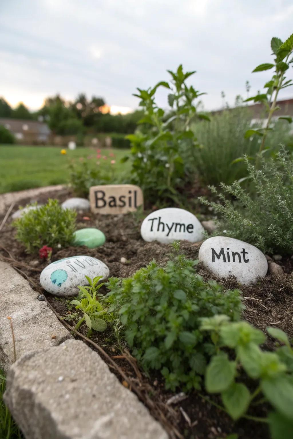 Playful painted stone plant badges in a garden setting.