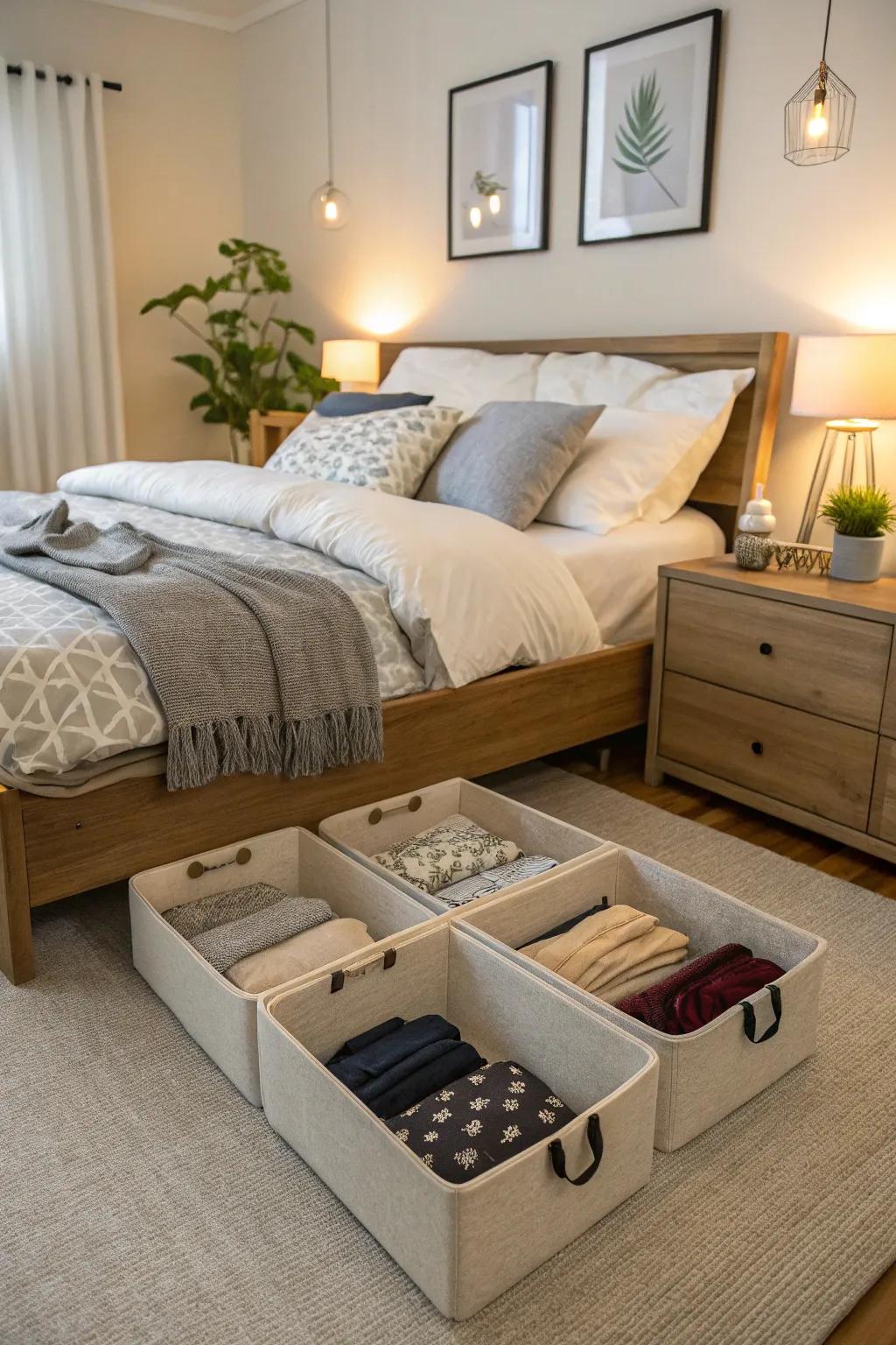 Maximize bedroom storage with under-bed containers.