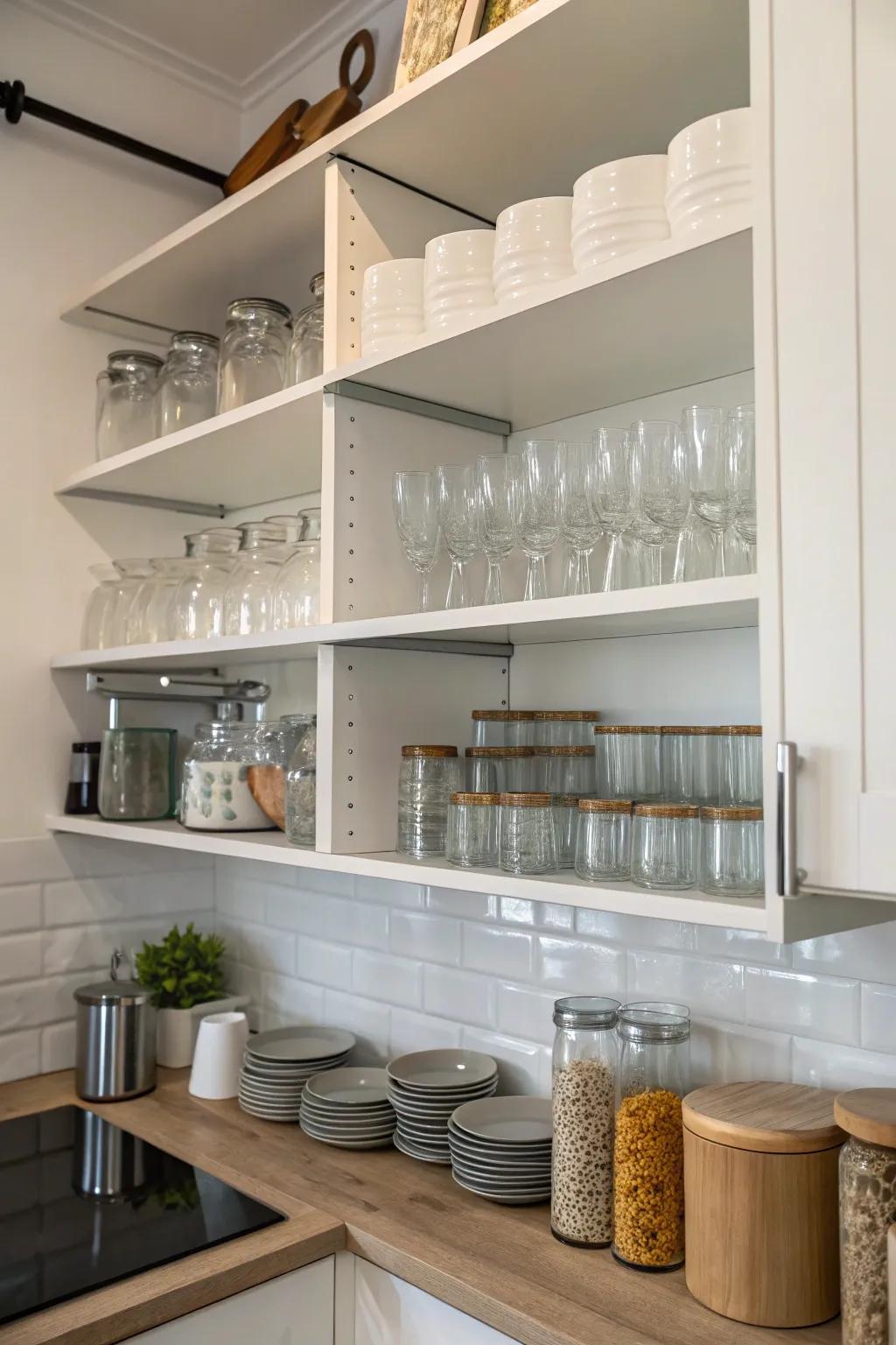 Adjustable shelving provides customizability for various glass sizes.