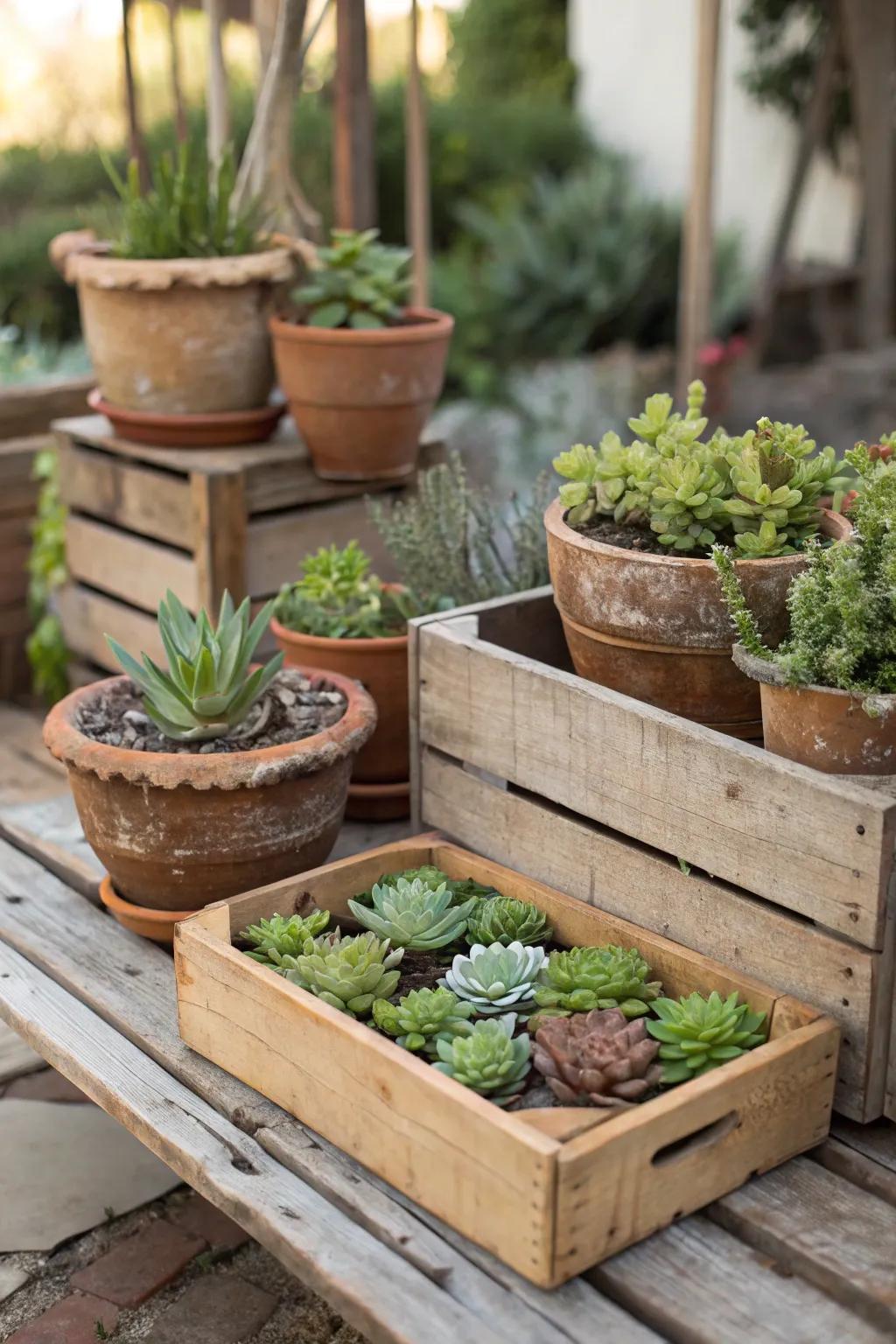 Countryside allure with loam pots and lumber cases brimming with succulents.