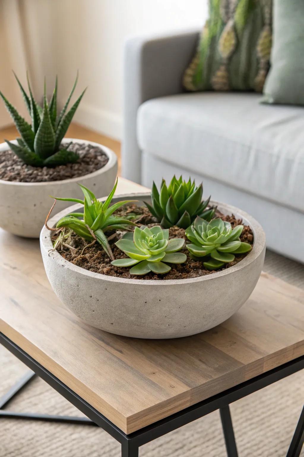 Solidified clay bowls deliver a contemporary appeal to succulent arrangements.
