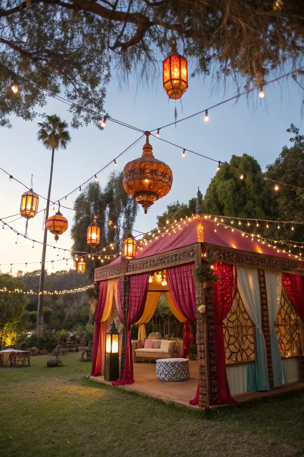A captivating sukkah featuring suspended luminaries and lights that radiate a warm glow.