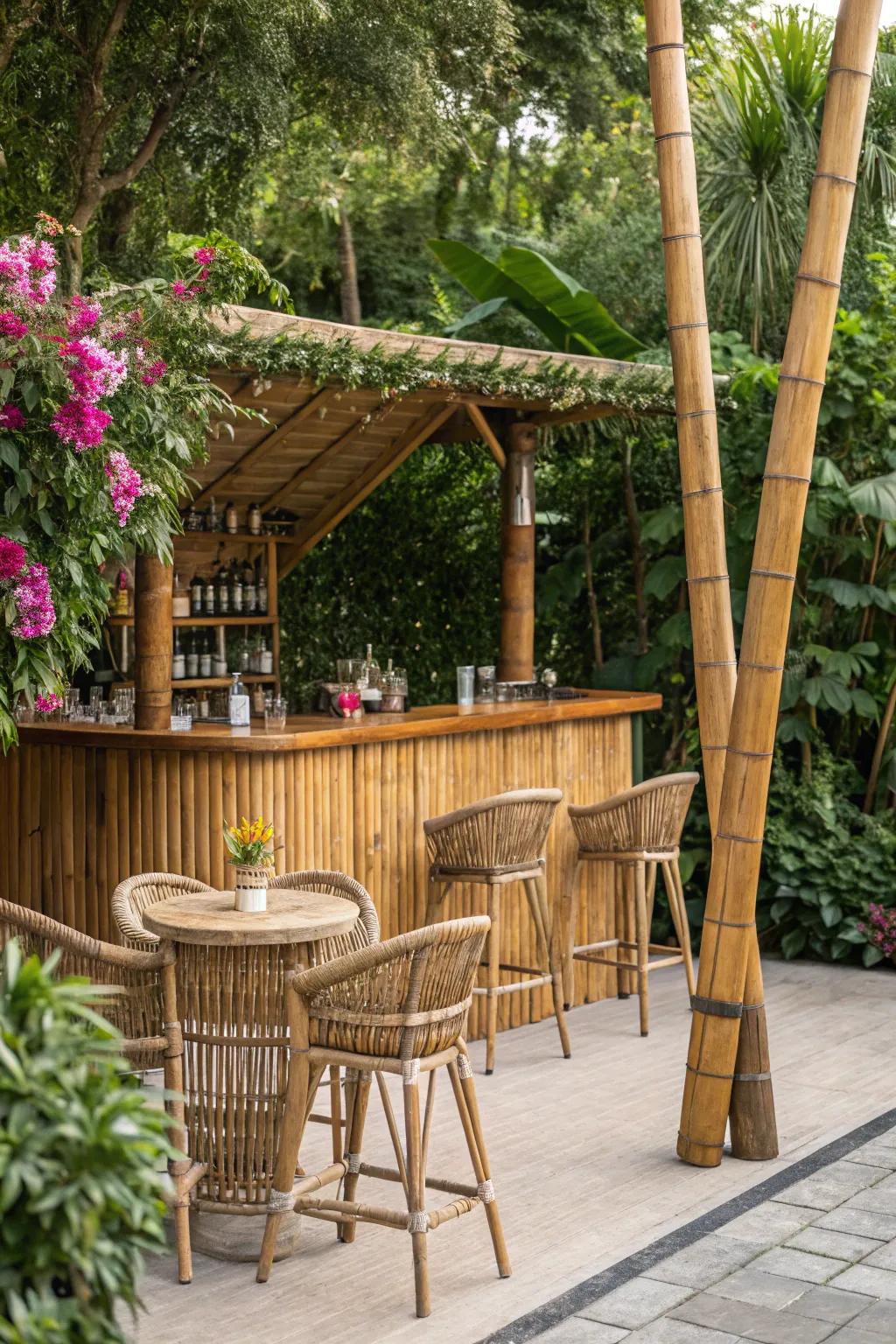 Natural materials create a cohesive blend between the garden and the bar.
