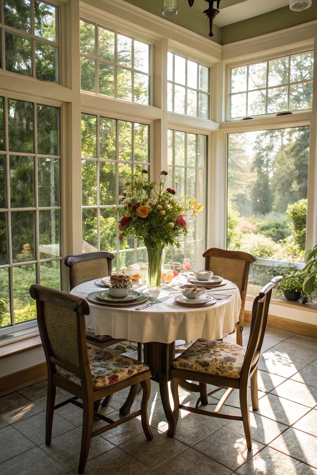 A sunroom transformed into an enjoyable dining space.
