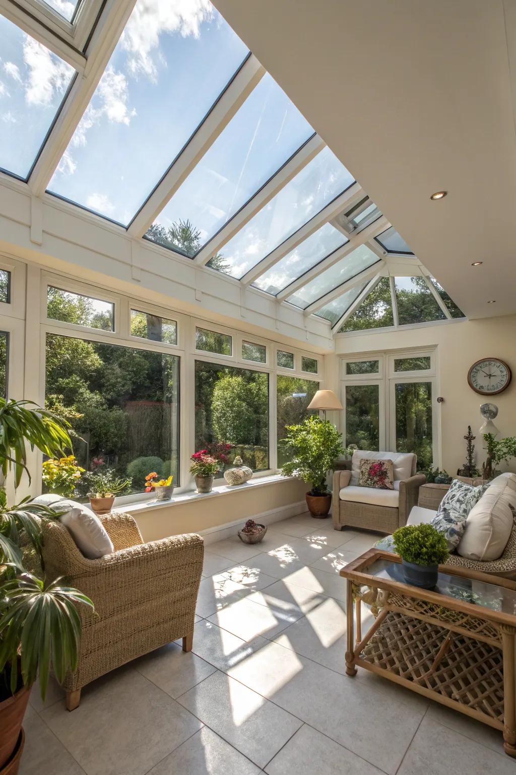 Overhead lights in a sunroom bring in a celestial glow.