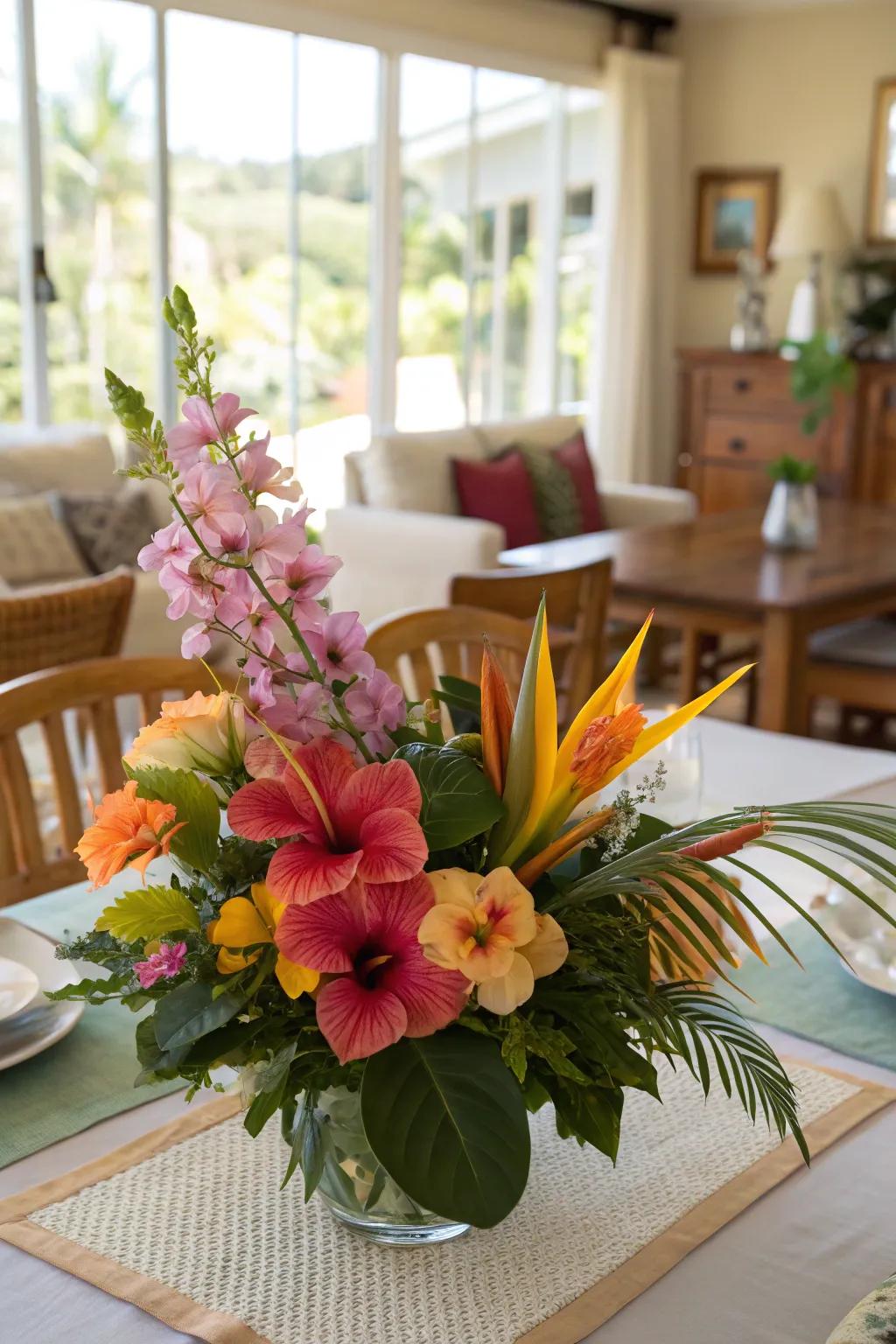 A tropical floral design delivering a hint of paradise to the table.