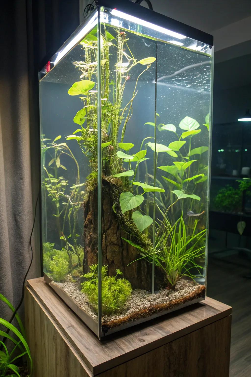 A towering aquarium showcasing a superficial floral paradise.