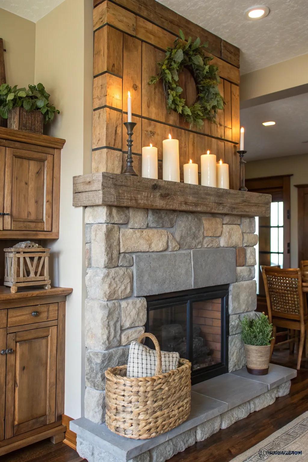 A high mantel showcasing countryside appeal with components crafted from timber and stone.