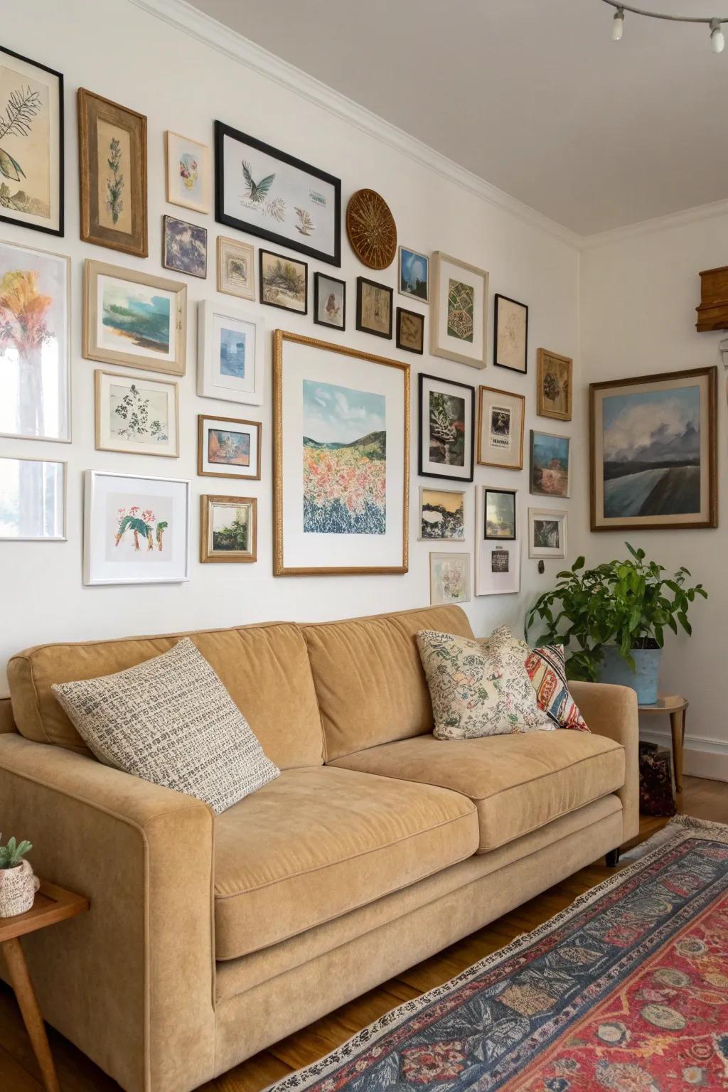 Wall decor customizes the area and enhances the beige sofa.