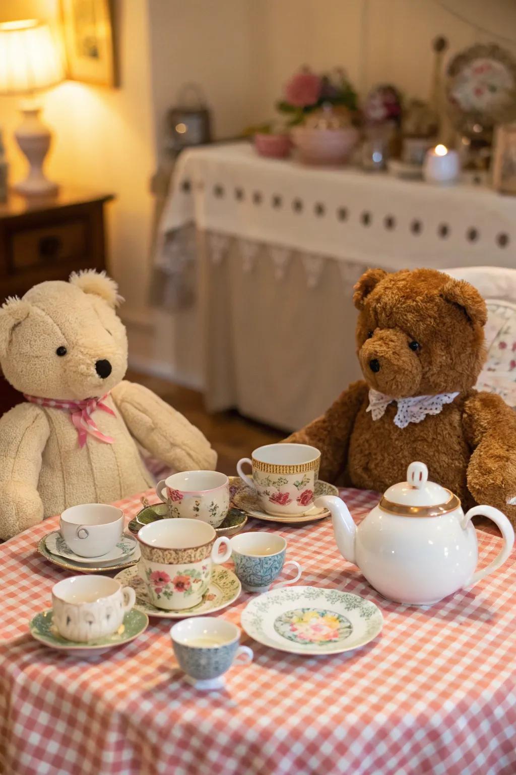 Stuffed creatures contribute an entertaining and whimsical dimension to the tea gathering.