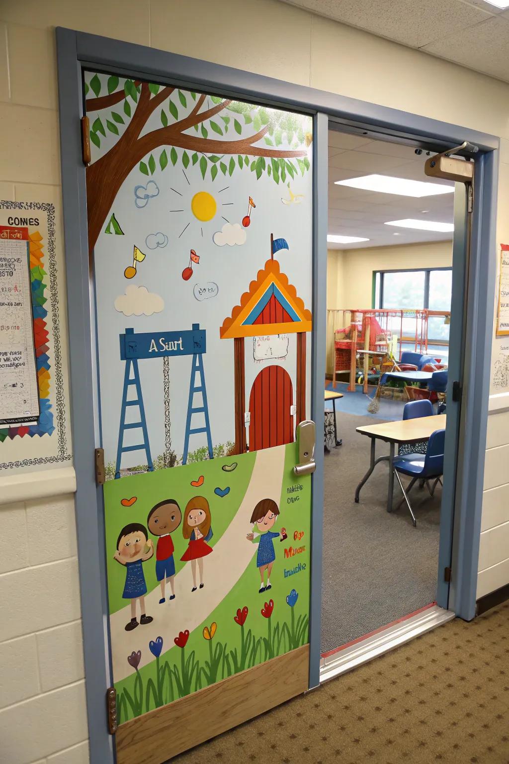 A playful playground-themed door celebrating learning.