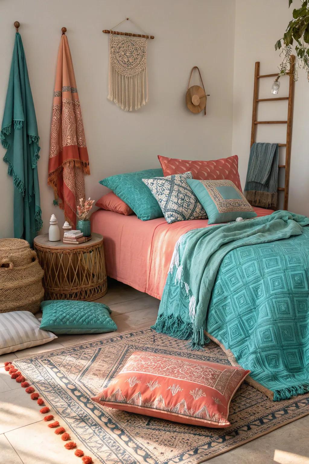 A mix of weaves in aquamarine and crimson for a cozy atmosphere.