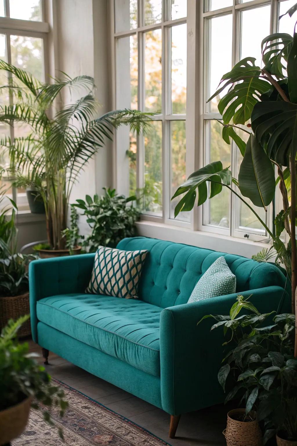 Vibrant greenery enhances the freshness of a cobalt settee.