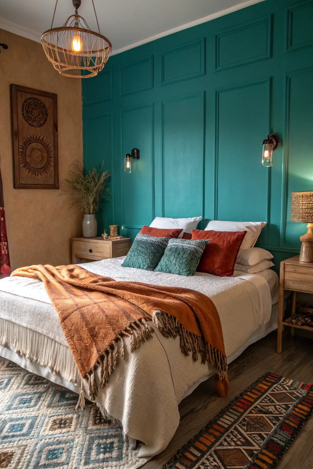 Comfortable bedroom featuring a turquoise focal wall and warm fabrics.
