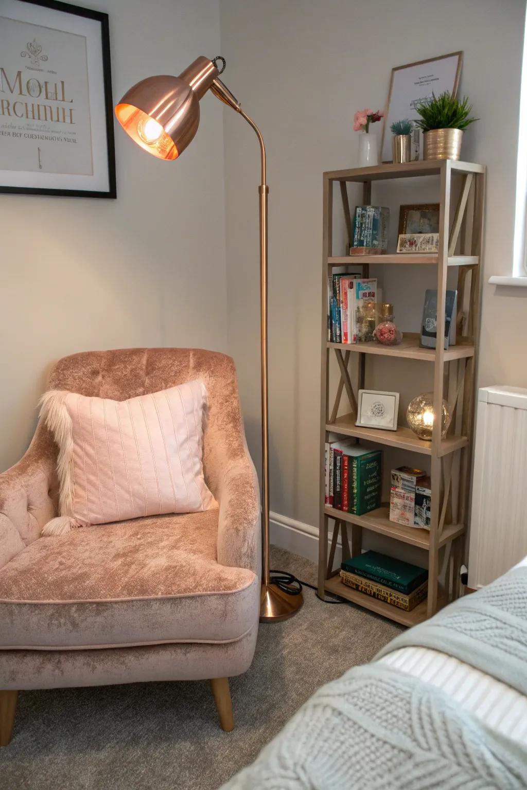 A rose gold accented reading nook is a perfect relaxation space.