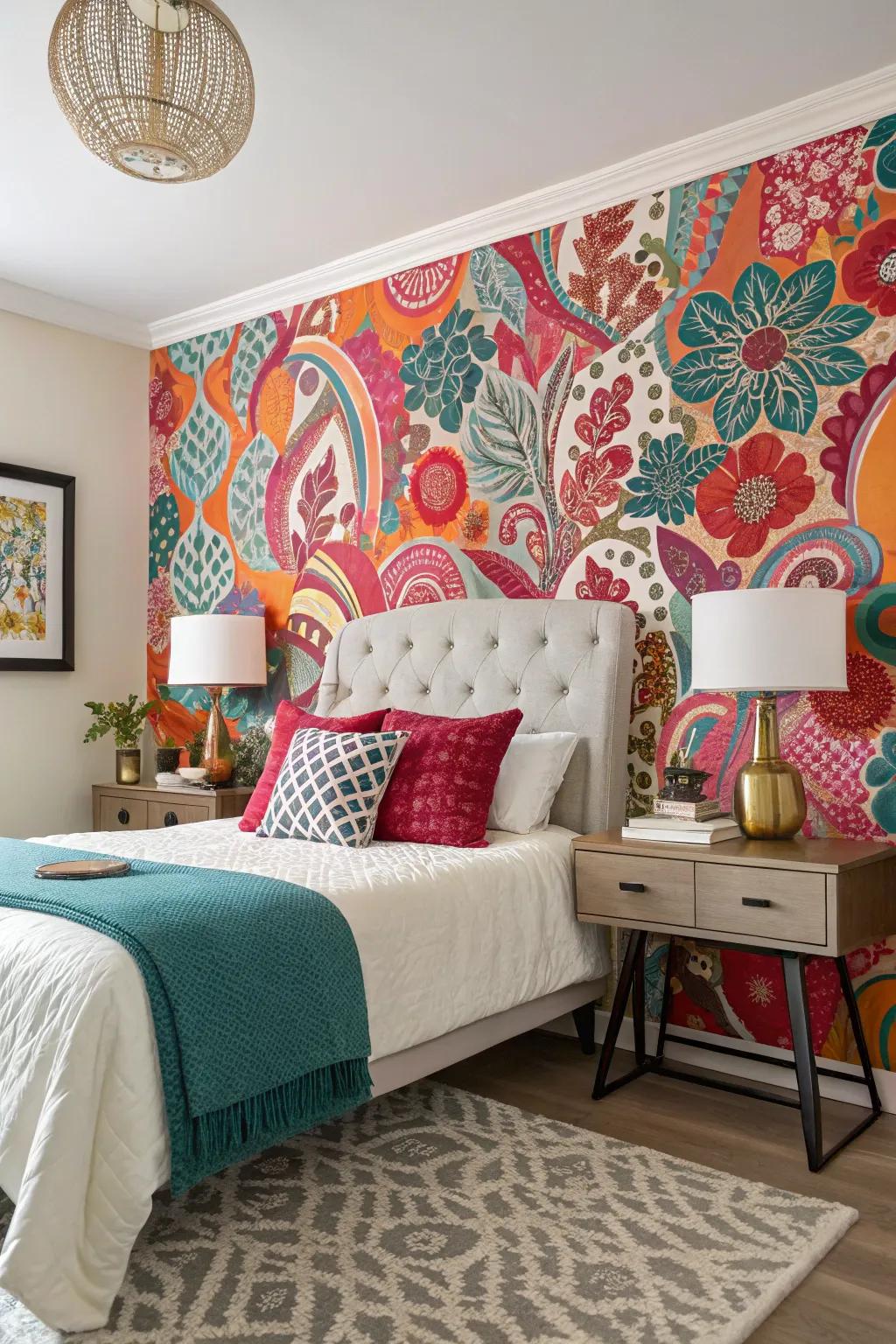 Vibrant easy-apply wallpaper transforms a modular wall in moments.