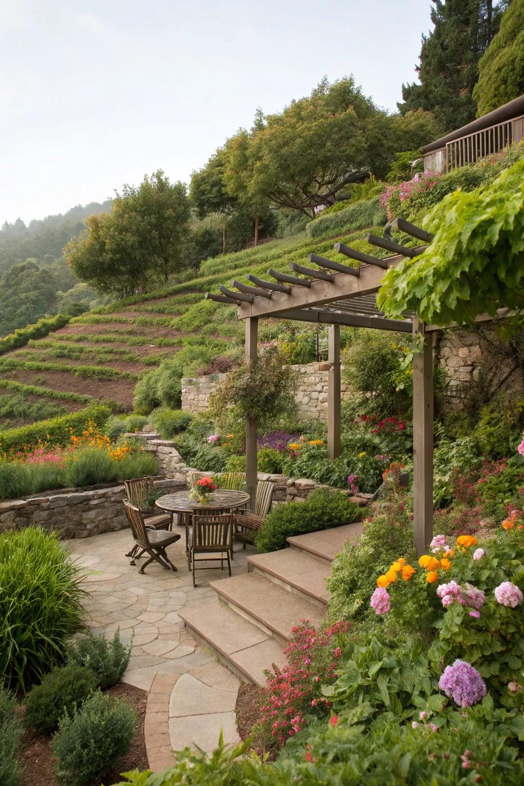 A stylish pergola in a layered garden providing protection and enhancing the space's elegance.