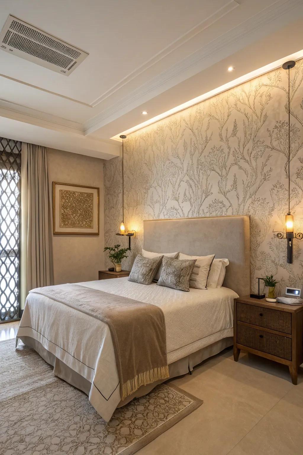 This bedroom highlights an elegant textured wall in neutral tones.