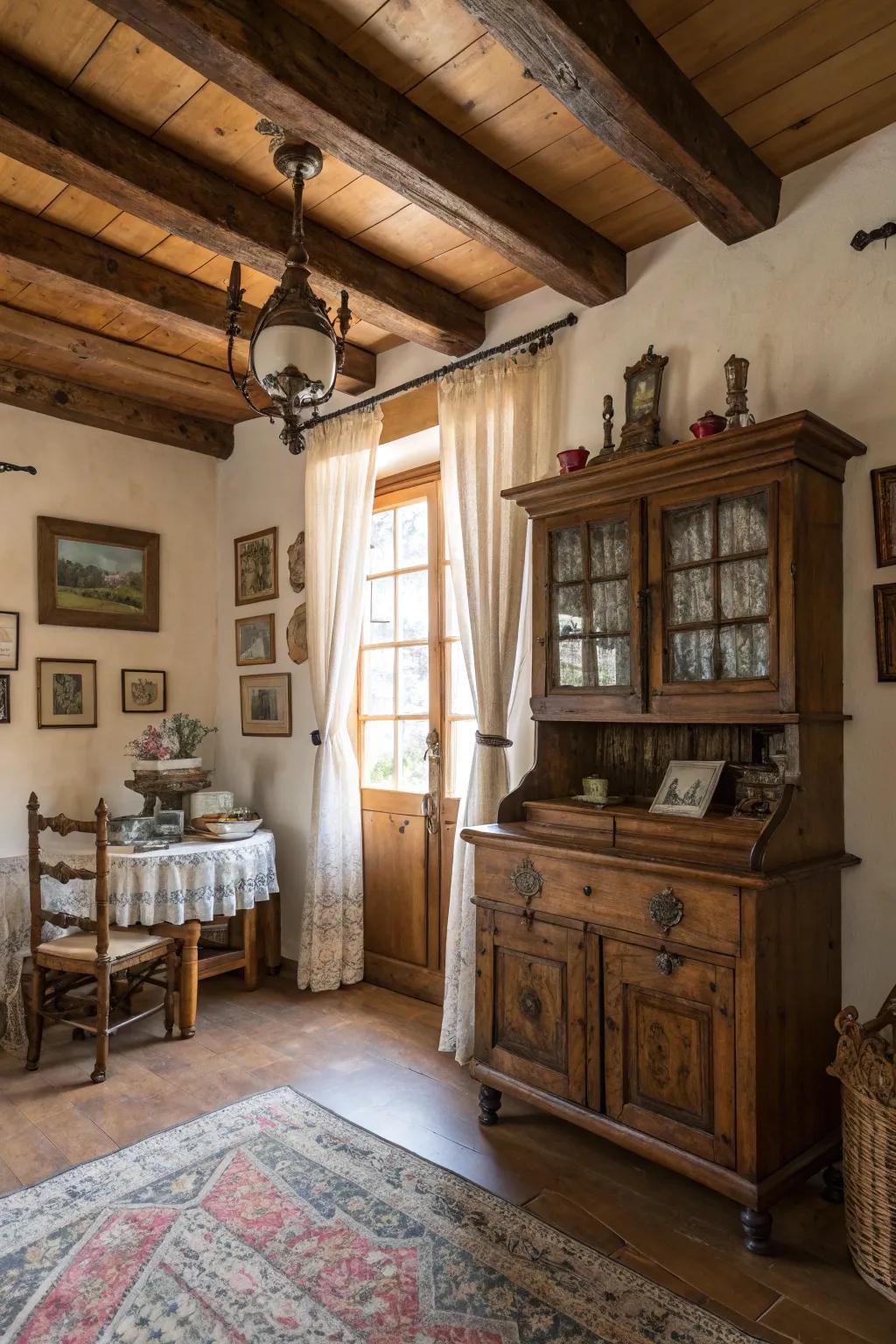 Country allure featuring timber elements and classic touches.