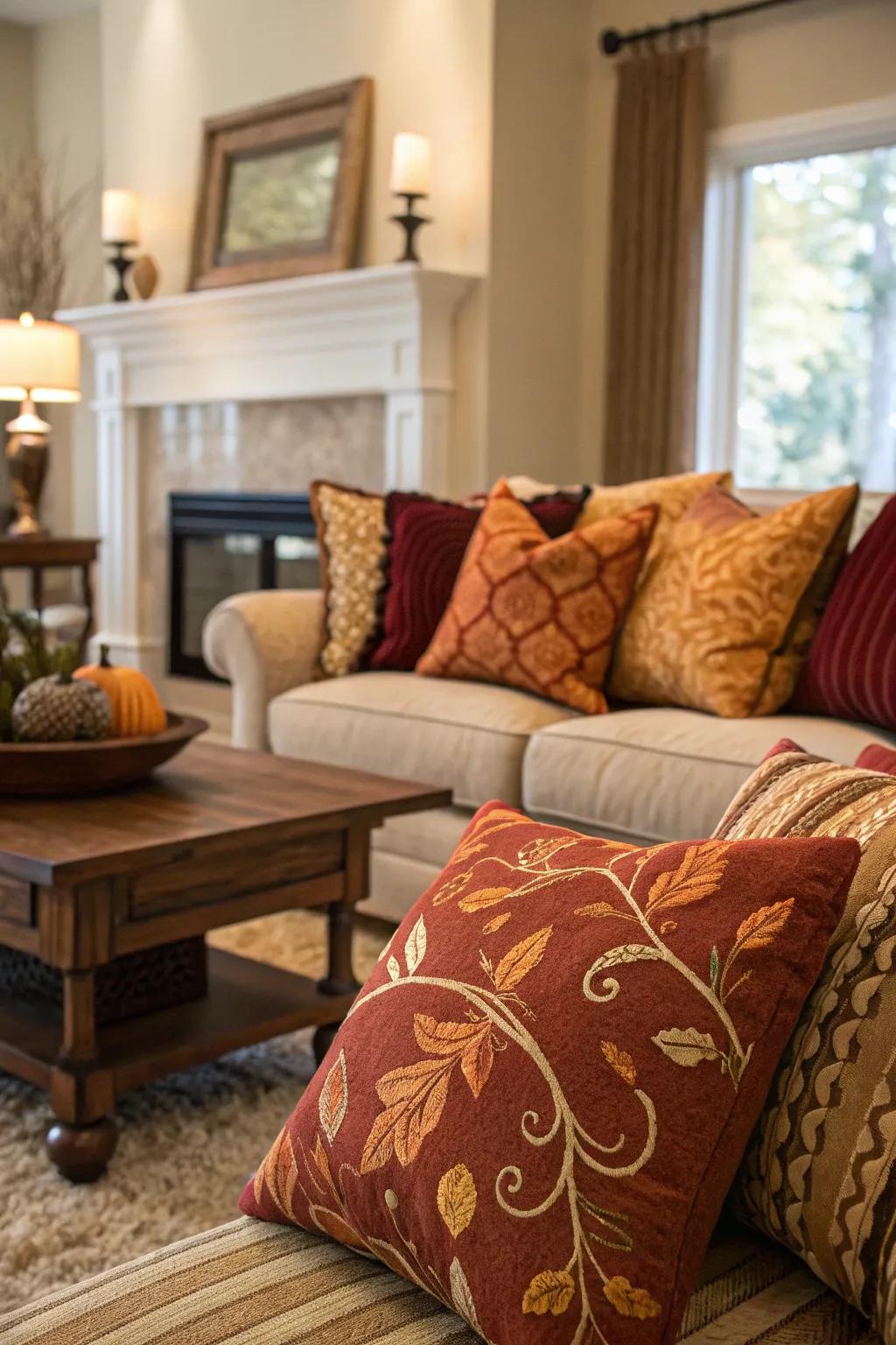 A seasonal transformation showcasing cushions in cozy, autumnal shades.