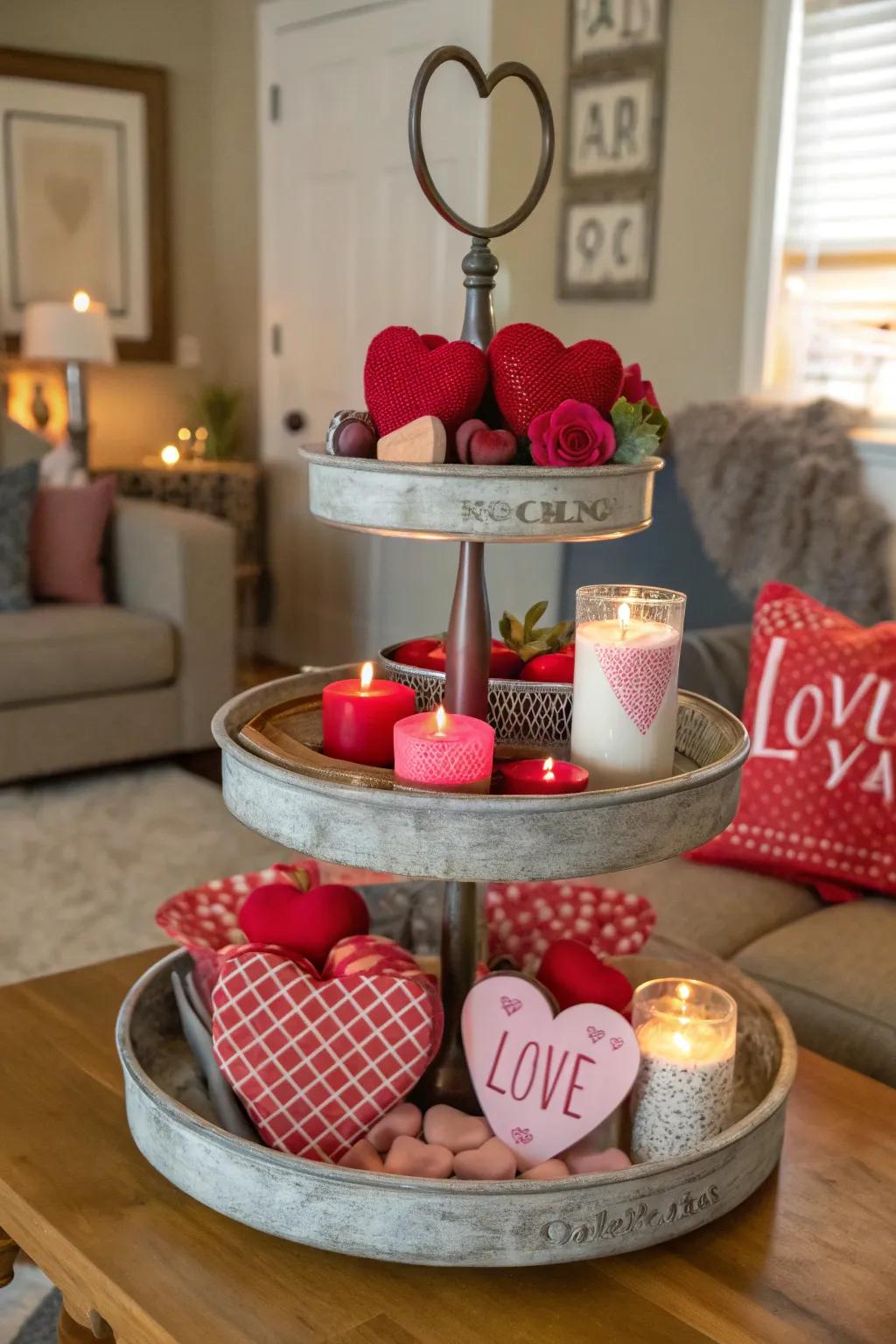 A Saint Valentine's Day-themed tiered display exuding affection and warmth.