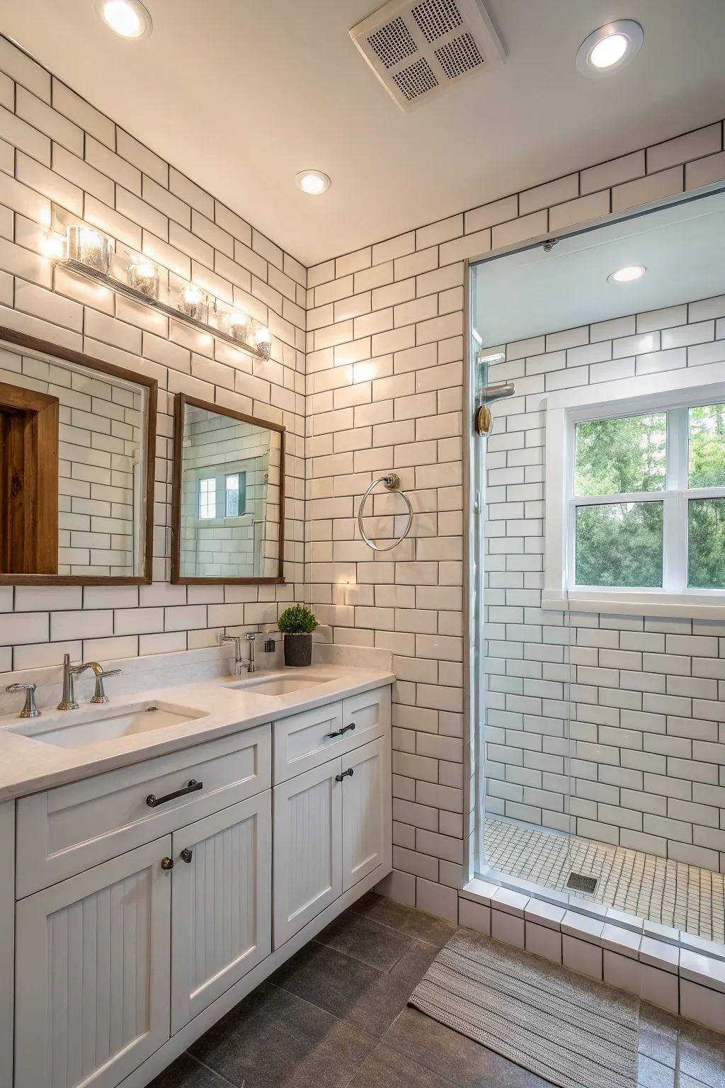 Blending parallel square arrangements fashions a chic and contemporary washroom aesthetic.