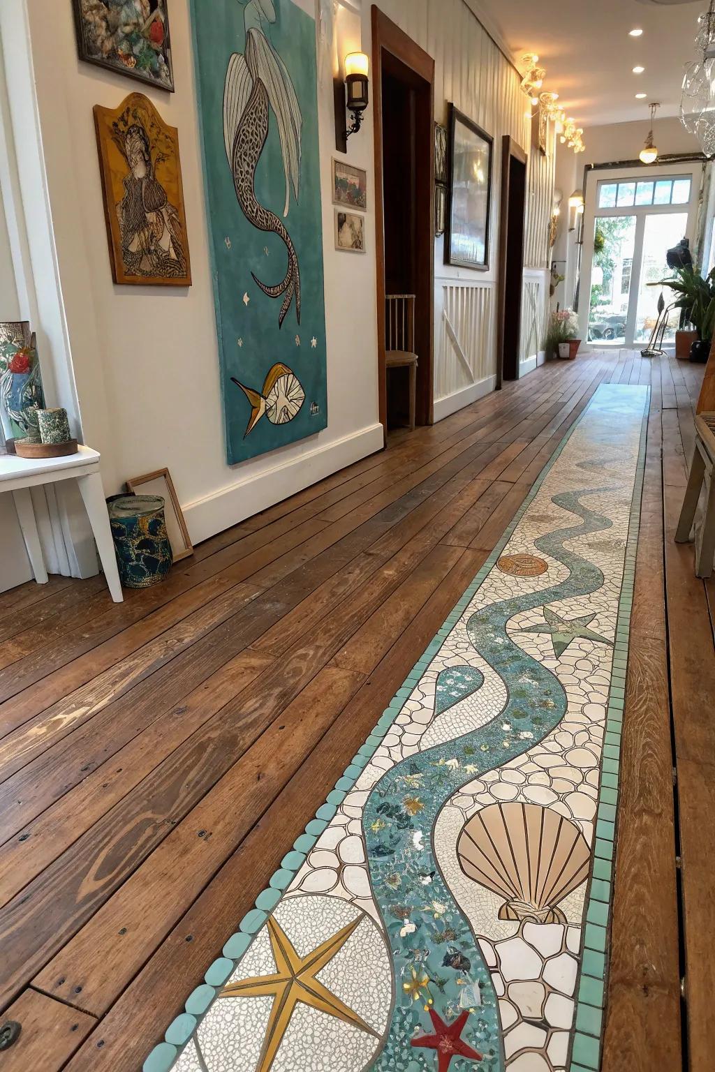 Mermaid tiles create a whimsical transition into hardwood flooring.