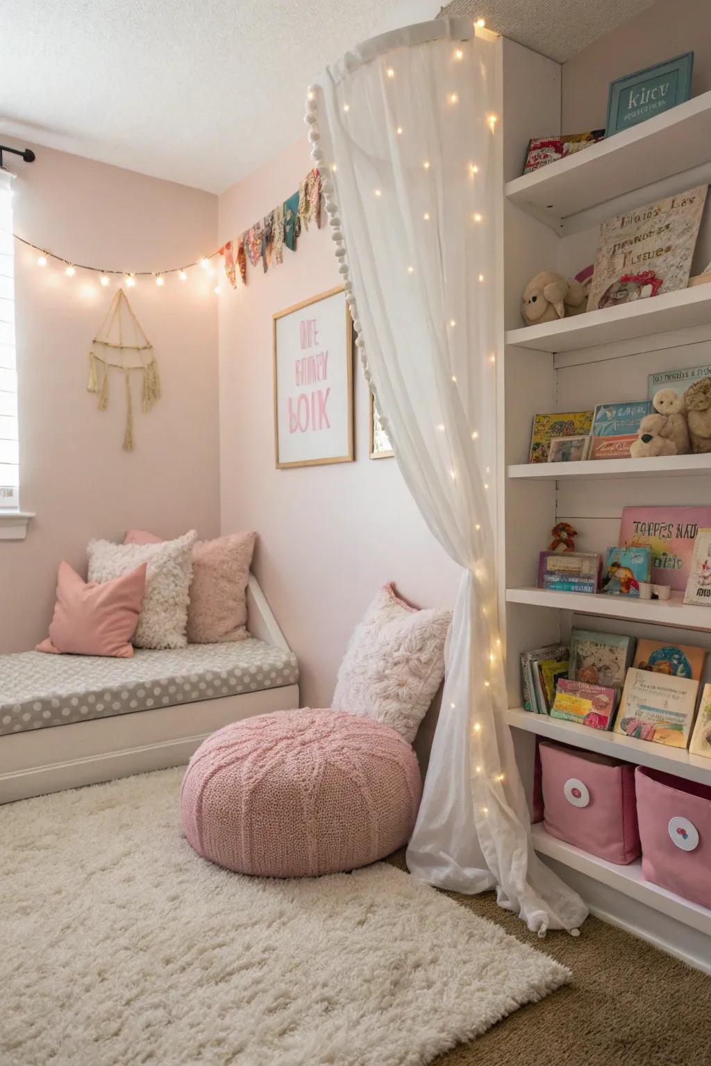 A reading corner beckons your child into the realm of books.