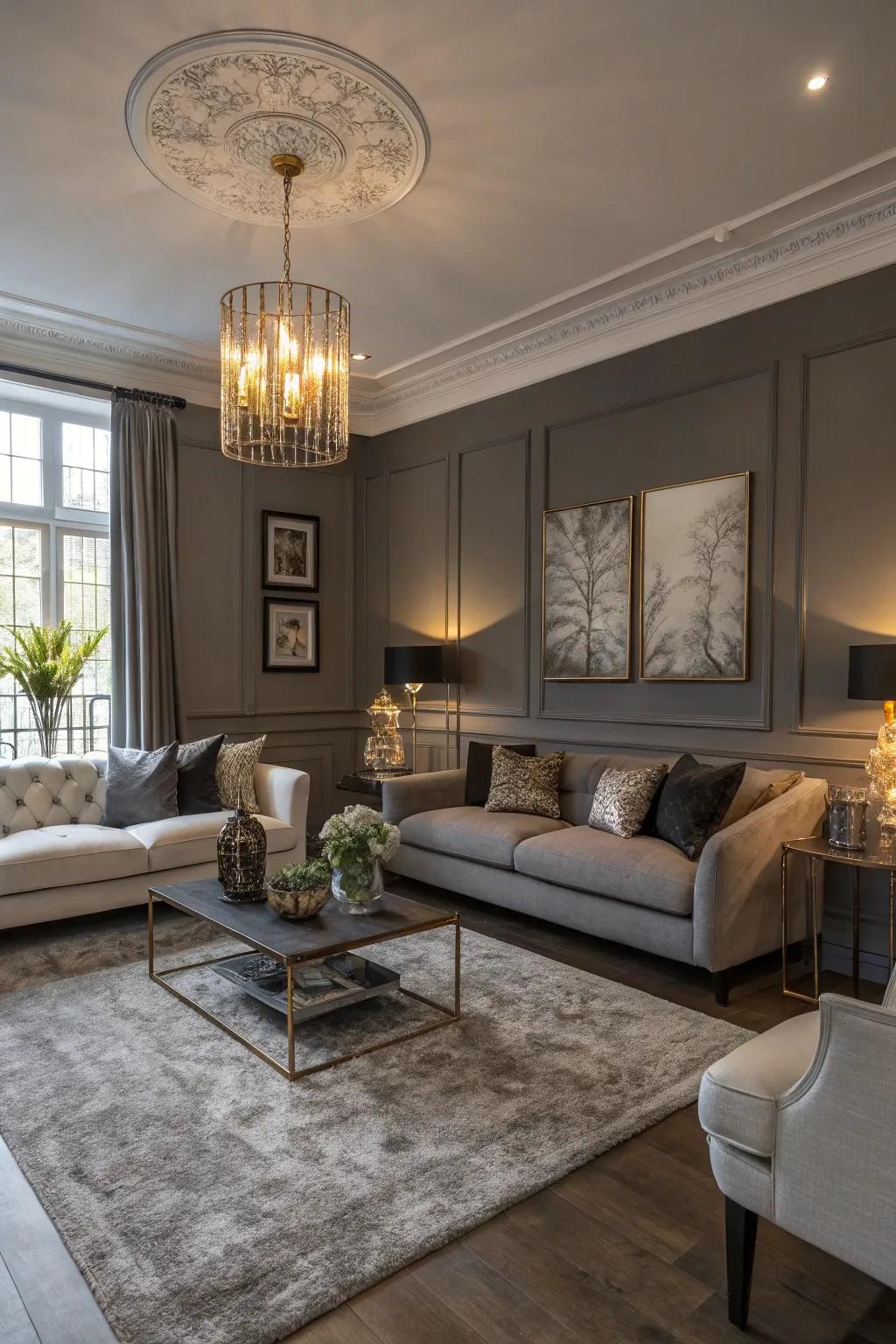 A home featuring walls painted in moody gray, creating a sophisticated vibe.