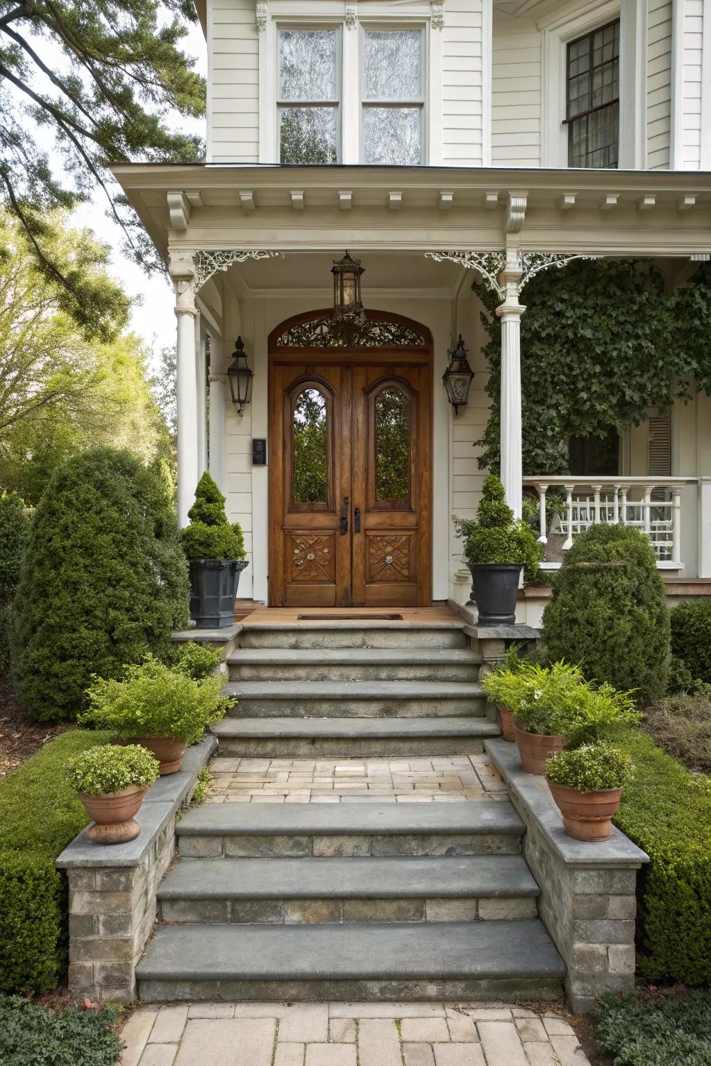 A welcoming patio adds dimension to a classic front door.