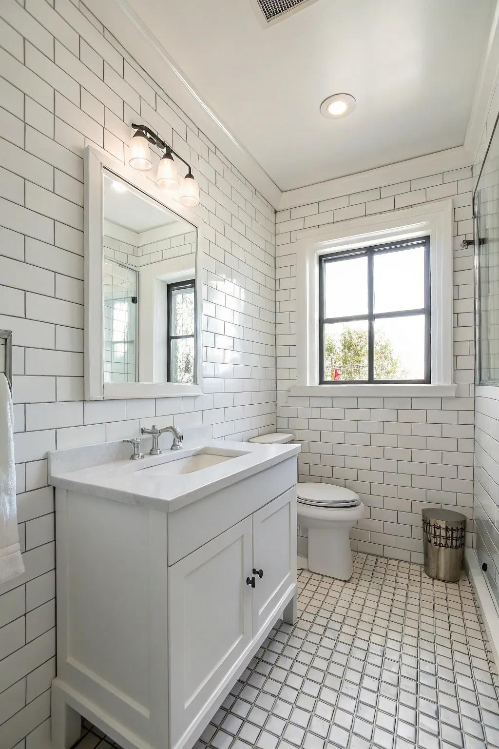 A white bathroom using classic basic tiles to create a refined and smooth visual.