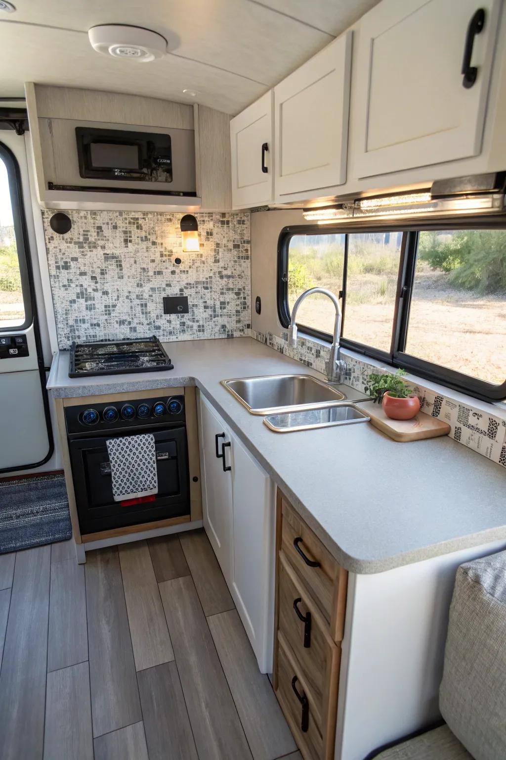 Practical backing designs optimize space in your RV kitchen.