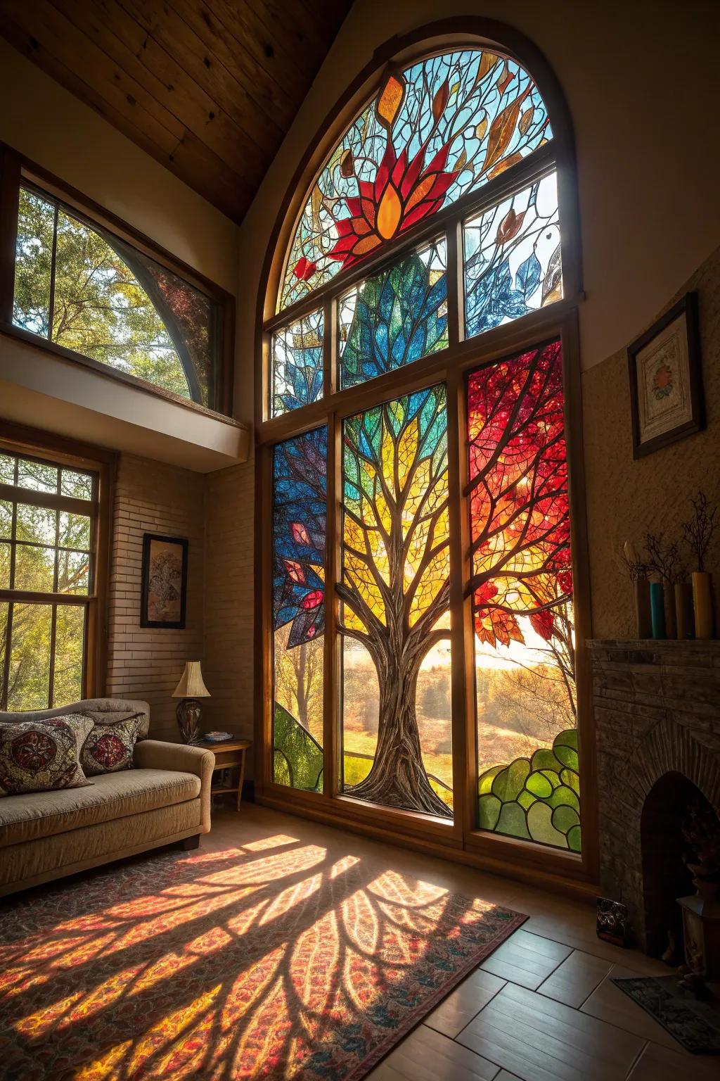 A stained glass Arbor Vitae window fills a space with light and color.