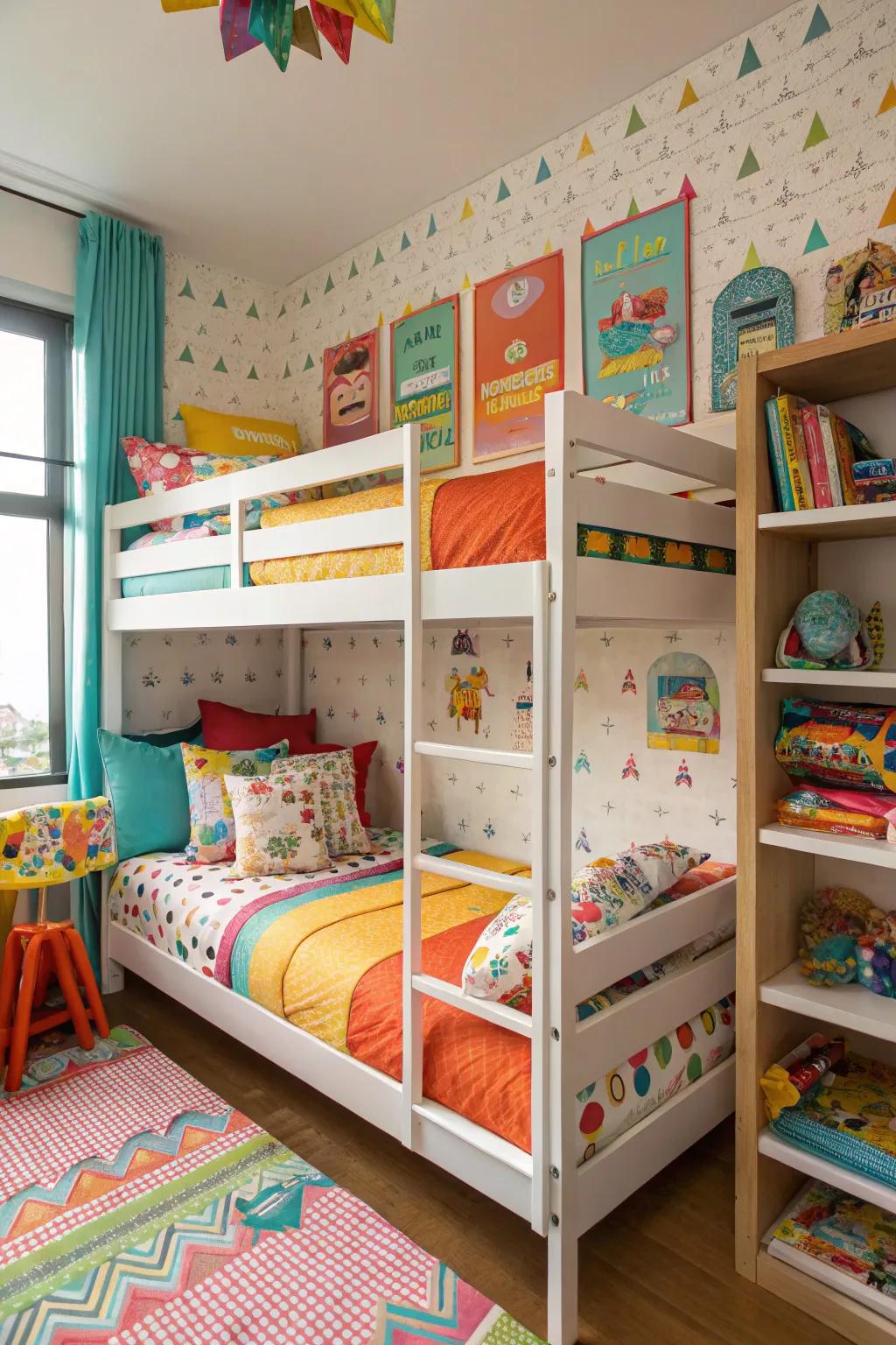 Kid-friendly triple bunks with bright themes and decor.