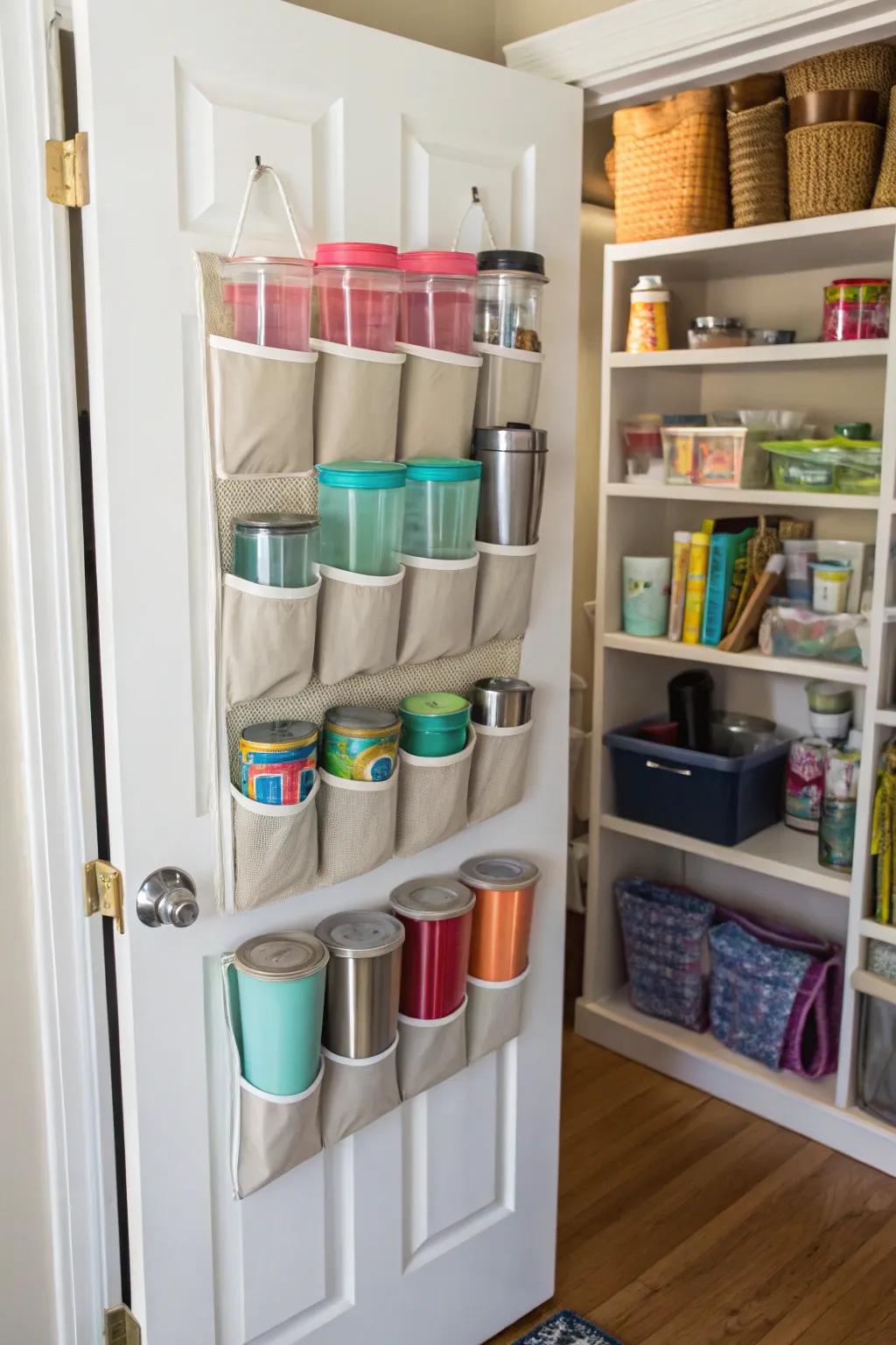 Footwear organizer repurposed for tumbler stowing.