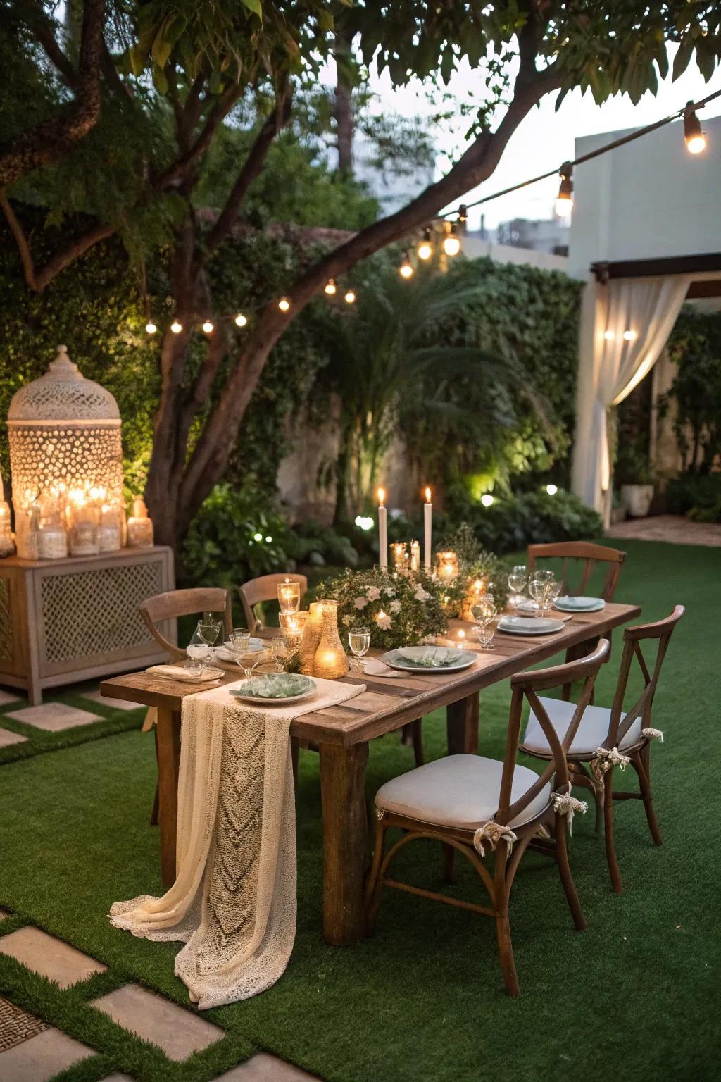 A charming dining arrangement on a synthetic lawn patio.