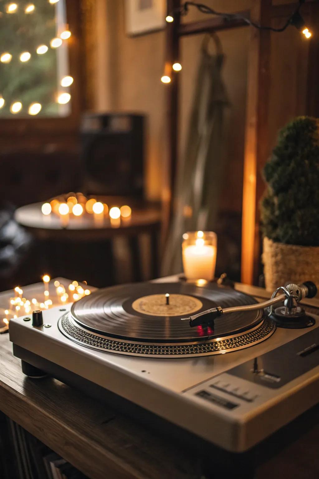 Comfortable illumination enveloping a record player in a relaxing radiance.