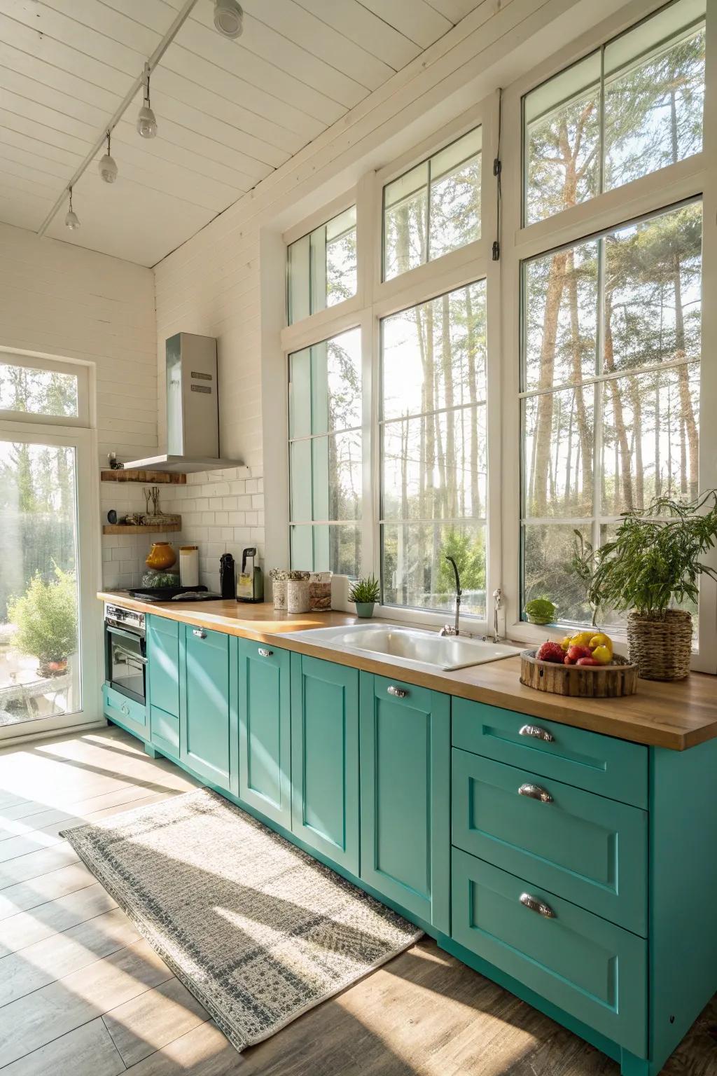 Natural daylight enhancing the vibrancy of turquoise cooking area cabinets.