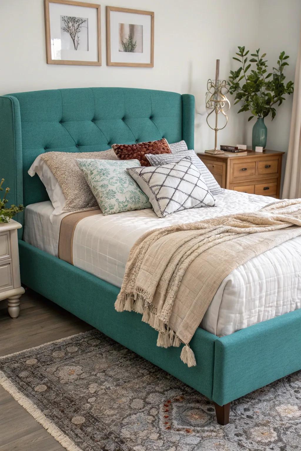 A teal upholstered bed as a statement piece.
