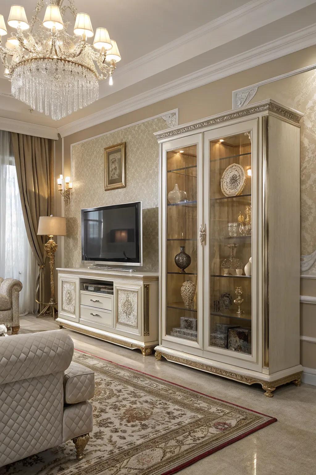 Glass-fronted cabinets offer a sleek and sophisticated vibe.