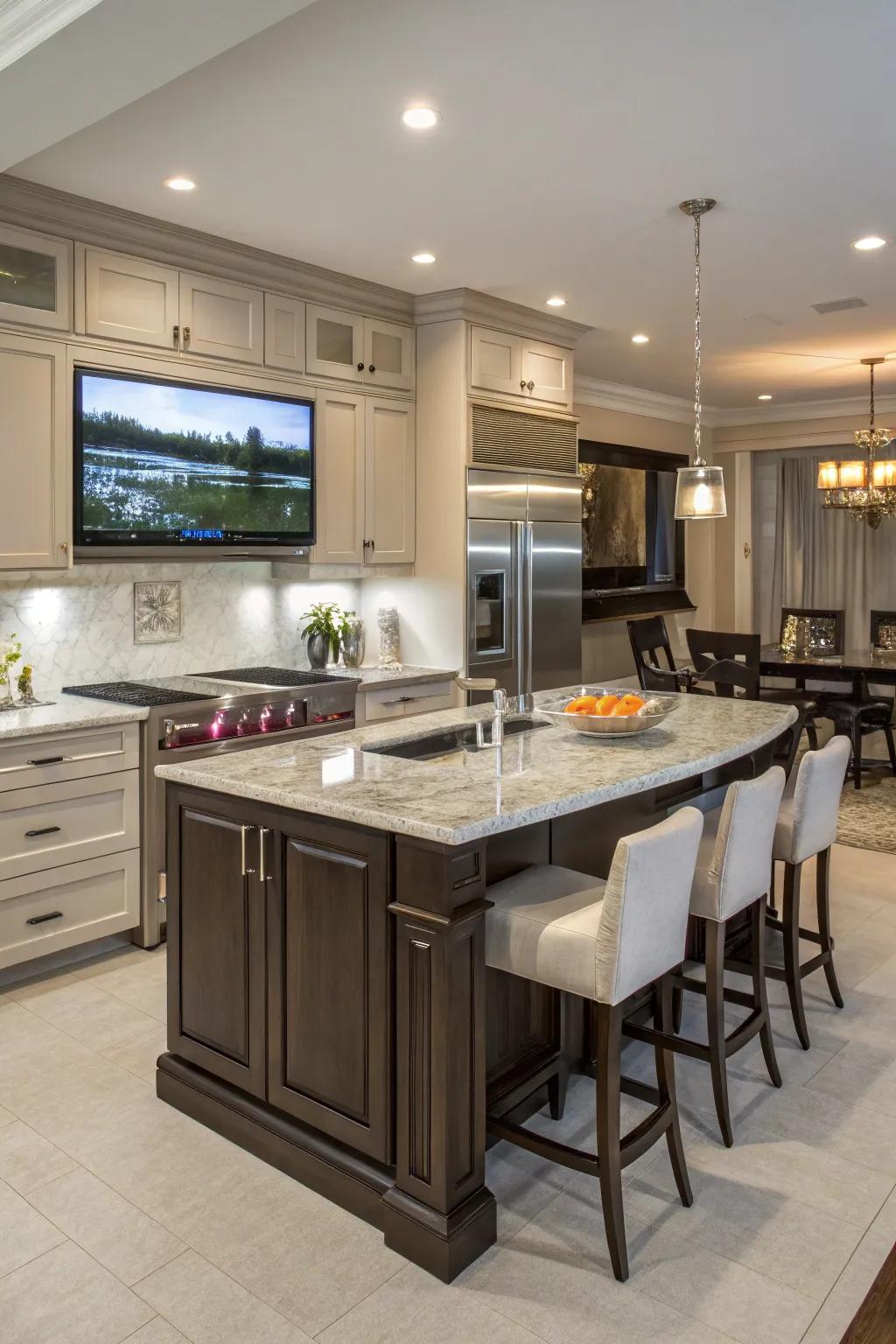 A central platform featuring an integrated television, creating a central hub for entertainment.