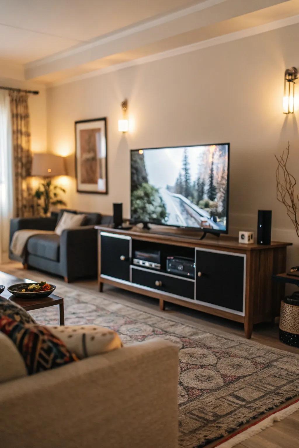 A TV stand design that accentuates the television as the focal point of the room.