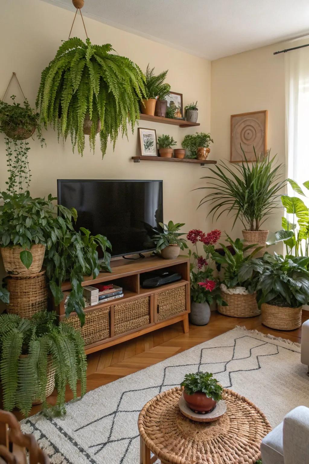 Greenery infuses vitality and tint into this TV wall arrangement.