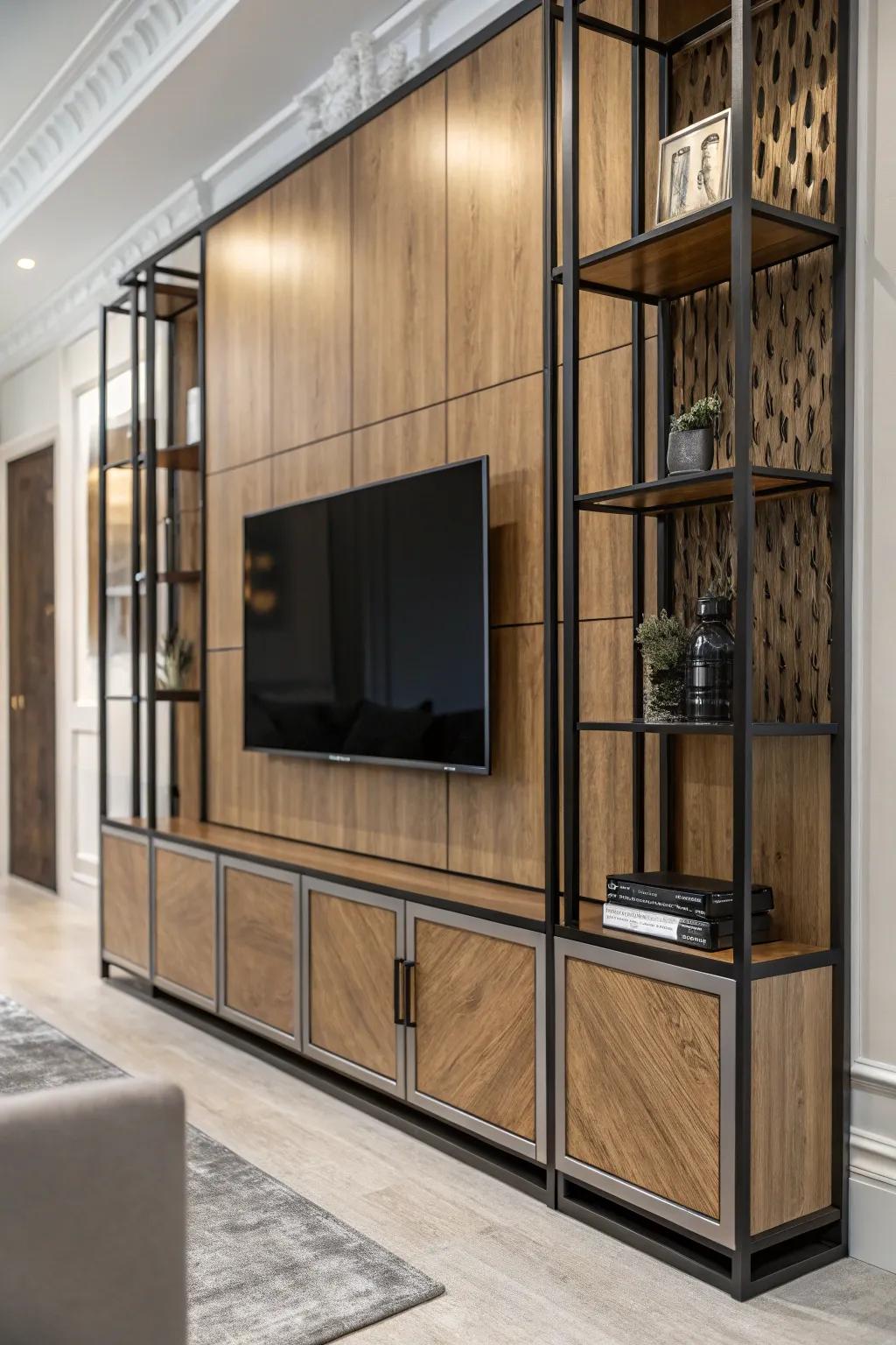 Contrasting materials bring depth to this innovative TV wall panel.