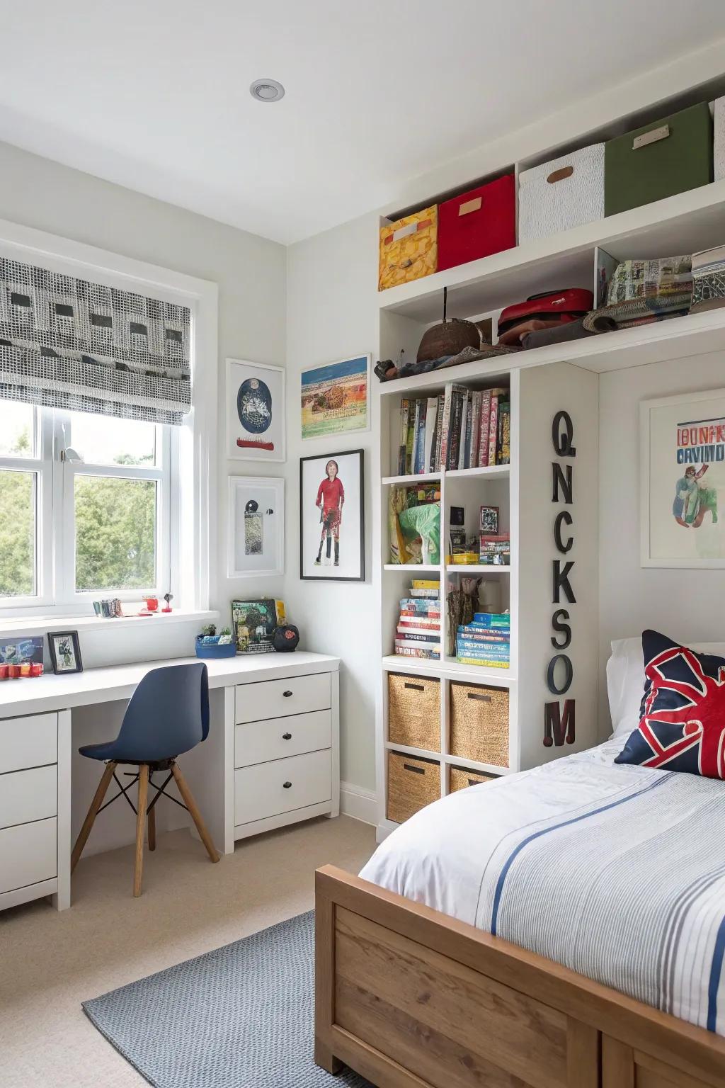 A well-kept bedroom featuring ample shelving and storage.
