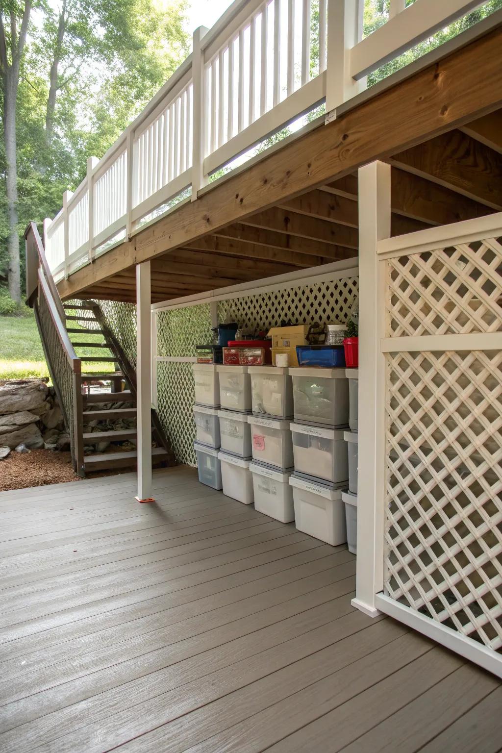 Lattice boards offer both style and practicality for simple storage access.